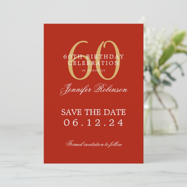 Convite 60.º aniversário Dourado Vermelho Salvar a Data (Em pé/Frente)