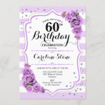 Convite 60.º aniversário - Flores Lavandas de Púrpura Bran<br><div class="desc">60º Convite de Aniversário. Design branca elegante com falso brilho. Tiras prateadas e brancas com rosas lilás roxas. Perfeito para uma elegante sessenta festa de aniversário.</div>