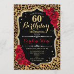 Convite 60.º aniversário - Impressão Leopardo Rosa vermelh<br><div class="desc">60º Convite de Aniversário. Elegante design branco preto vermelho e branco com ouro brilhante falso. Apresenta a impressão de animais leopardo cheetah,  fonte de script e rosas. Perfeito para uma bolsa mensageifesta de aniversario elegante. Pode ser personalizado em qualquer ano! Envie-me uma mensagem se precisar de mais personalização.</div>