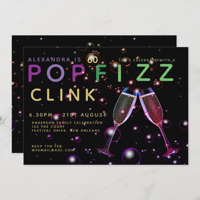 Convite 60.º Aniversário moderno - POP FIZZ CLINK Champagn (Frente/Verso)