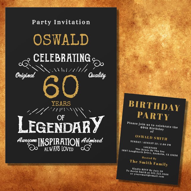 Convite 60.º Aniversário Nascer Legendário Retro Dourado P (For those celebrating their 60th birthday we have the ideal birthday party invitation)