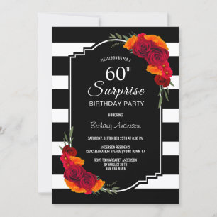 Convite 60.º Aniversário - Preto Branco com Riscar Flora