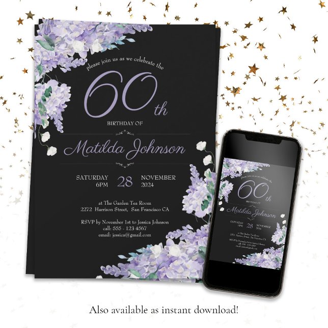 Convite 60.º Aniversário Púrpura Aquarela Chic Floral Pret (60th Birthday Purple Watercolor Floral Black Chic Invitation)