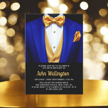Convite 60.º Aniversário Real Azul e Dourado de Tuxedo<br><div class="desc">Comemore em estilo com este Convite de Aniversário Real Azul e Dourado Tuxedo, exuando elegância e sofisticação. O fundo preto elegante e os sotaques dourados que brilham dão o tom para um caso luxuoso, perfeito para uma celebração de marco. Com seu refinado design, inspirado em tuxedo, esse convite capta a...</div>