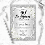 Convite 60.º aniversário - Rosas brancas de Stripes Pratea<br><div class="desc">60º Convite de Aniversário. Design floral elegante em prata e branco. Apresenta fitas cintilantes de prata,  fontes de na moda de rosas brancas e confetti. Perfeito para uma festa de aniversário de vidro.</div>