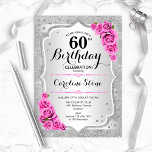 Convite 60.º aniversário - Rosas Rosa-Rosa-Stripes-Prata<br><div class="desc">60º Convite de Aniversário. Design floral elegante em prata e rosa. Possui riscas prateadas com brilho sujo,  fonte de script na moda de rosas rosa e confetti. Perfeito para uma festa de aniversário de vidro.</div>