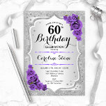 Convite 60.º aniversário - Rosas Roxos de Prata<br><div class="desc">60º Convite de Aniversário. Design floral elegante em prata e roxo. Apresenta faixas de prata com brilho sujo,  fontes de script na moda de rosa de de roxo e confetti. Perfeito para uma festa de aniversário de vidro.</div>