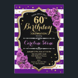 Convite 60.º Aniversário Roxo Dourado com Rosas<br><div class="desc">60º Aniversário Convite Elegante design preto de ouro roxo com falso brilho.</div>