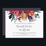 Convite 60.a festa de aniversário de aquarelas florais mod<br><div class="desc">Buquês de flores boêmicas do índio marinho vermelho e um círculo cintilante de cobre de ouro metálico redondo fazer um moderno martelo horizontal feminino sexagenário e um convite de aniversário fabuloso com um trendy chic totalmente editável script de tipografia.                Adequado para qualquer estação.</div>