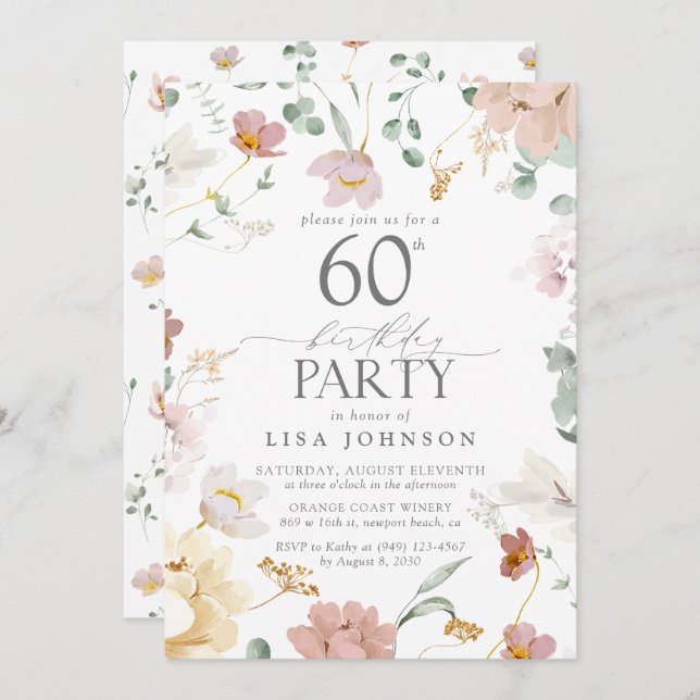 Convite 60.a Festa de aniversário Flores de Aquarela Rosa- (Frente/Verso)