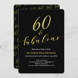Convite 60 and Fabulous 60th Birthday Gold Black Script