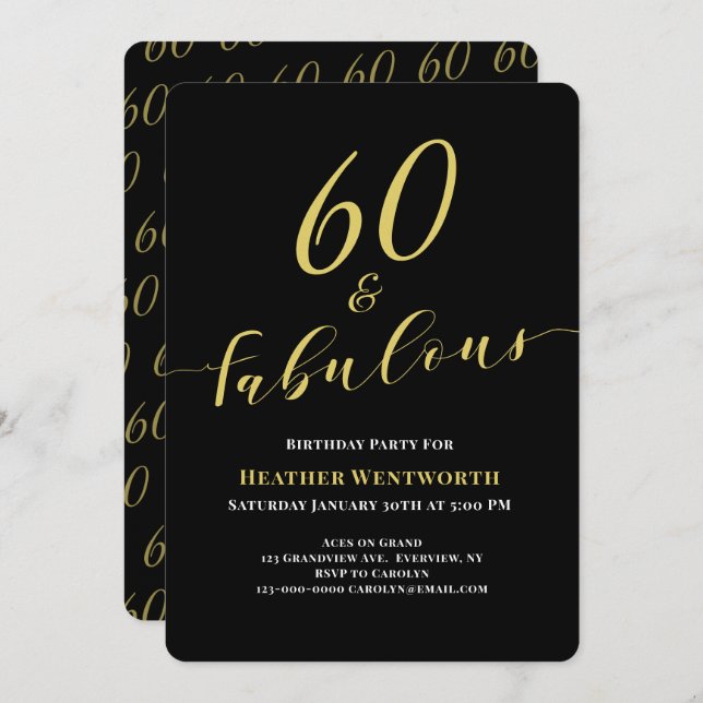 Convite 60 and Fabulous 60th Birthday Gold Black Script (Frente/Verso)