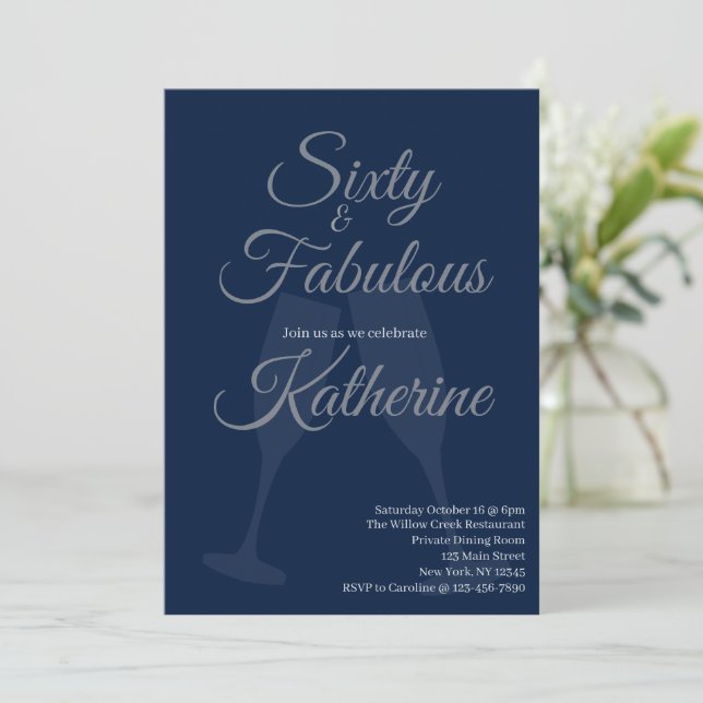 Convite 60 and Fabulous | 60th Birthday Party Blue Script (Em pé/Frente)