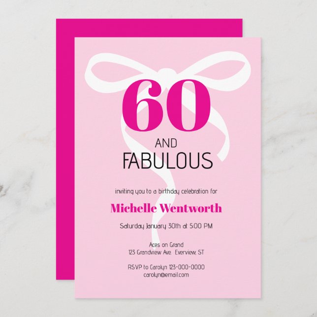 Convite 60 and Fabulous Fun Ribbon Hot Pink 60th Birthday (Frente/Verso)