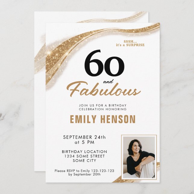 Convite 60 and Fabulous Gold 60th Birthday (Frente/Verso)