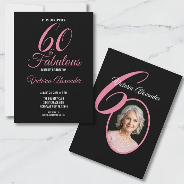 Convite 60 and Fabulous Pink Black Photo 60th Birthday (60 and Fabulous Pink Black Photo 60th Birthday Invitation)