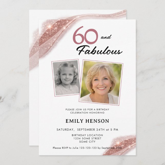 Convite 60 and Fabulous Rose Gold 2 Photo Birthday (Frente/Verso)