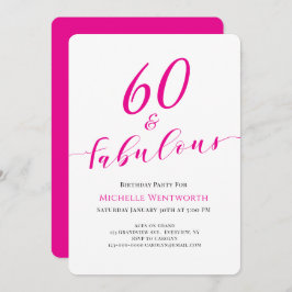 Convite 60 and Fabulous Sixtieth Birthday Hot Pink Script
