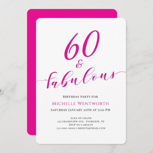 Convite 60 and Fabulous Sixtieth Birthday Hot Pink Script (Frente/Verso)