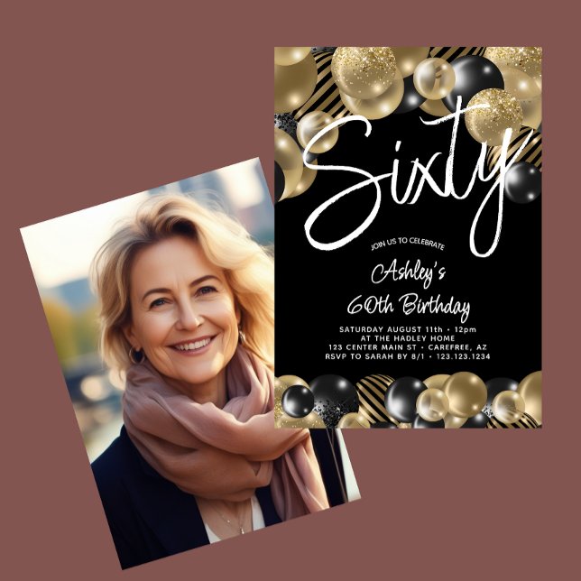 Convite 60° aniversário da 60° Foto Dourada Preta (Criador carregado)