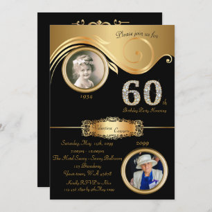 Convite 60,Birthday Woman 60,elegante deco de arte,preto