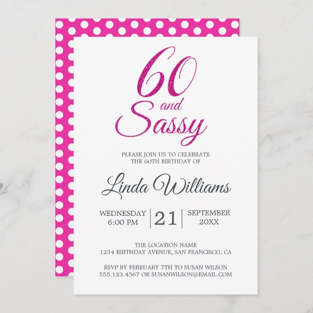 Convite 60 e a Festa de aniversário 60 rosa brilhante (Frente/Verso)