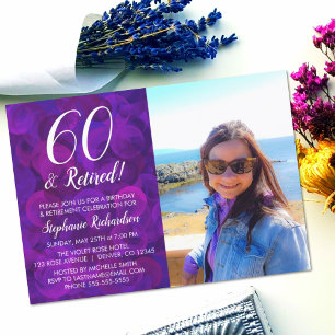 Convite 60 e Aposentado Elegante Roxo Aniversário Aposenta