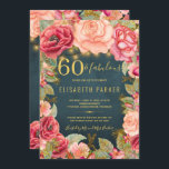 Convite 60 e fabulosa festa de aniversário floral elegante<br><div class="desc">Modelo elegante e elegante, na moda romântico, 60º convite de aniversário, com rosas de pérola cor-de-rosa-pincel e dourada-cor-de-pêssego, bordas floridas e cordas rústicas do ouro ou luzes cintilantes num fundo de quadro azul-escuro. — O convite é adequado para primavera ou noite de verão, outono rústico ou vintagem de jardim em...</div>