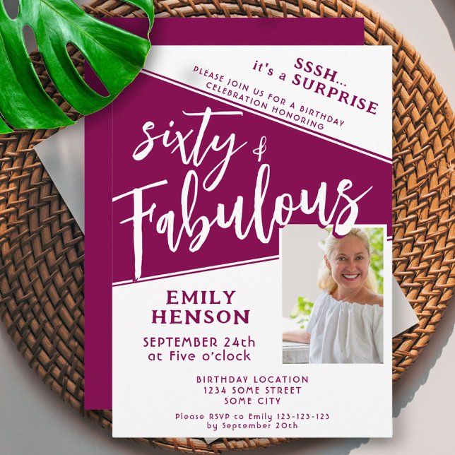 Convite 60 e Fabulosa Foto Magenta 60º aniversário Surpres (Criador carregado)