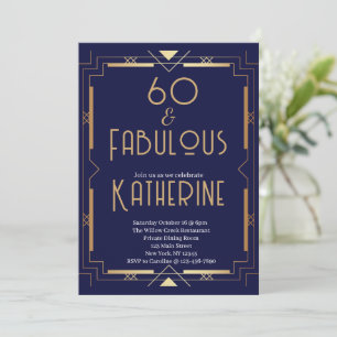 Convite 60 e Fabuloso Aniversário de 60 anos Art Deco Navy