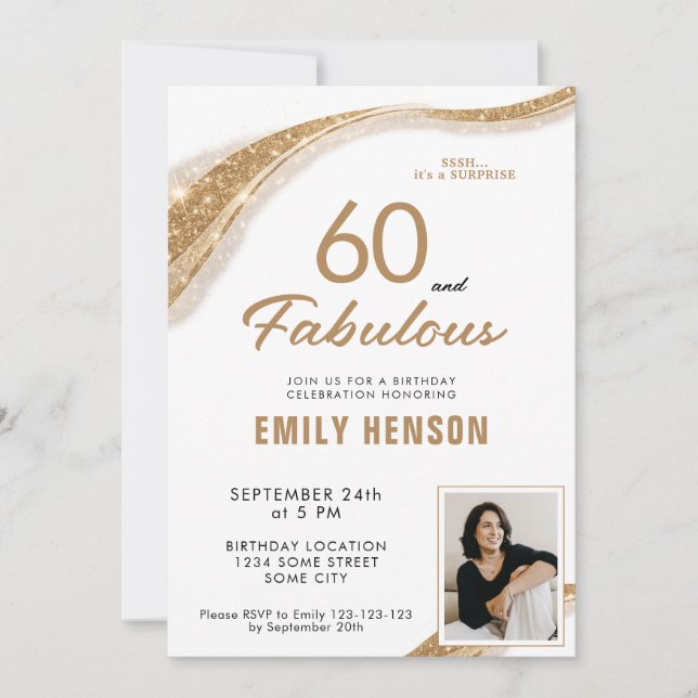 Convite 60 e Fabuloso Aniversário de 60 anos Dourado (Frente)