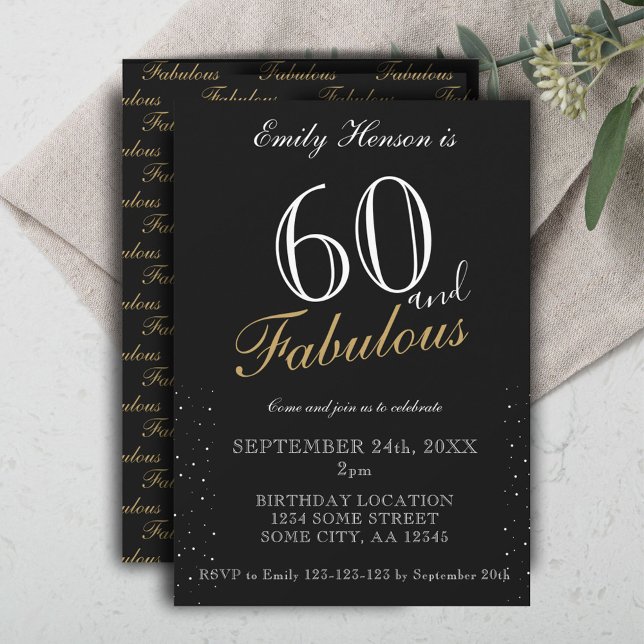 Convite 60 e Fabuloso Aniversário de Script Elegante Preto (Criador carregado)