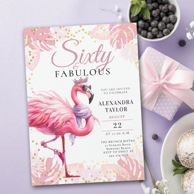 Convite 60 e Fabuloso Flamingo Rosa Funny 60º Aniversário (60 and fabulous birthday invitation funny pink flamingo tiara watercolor)