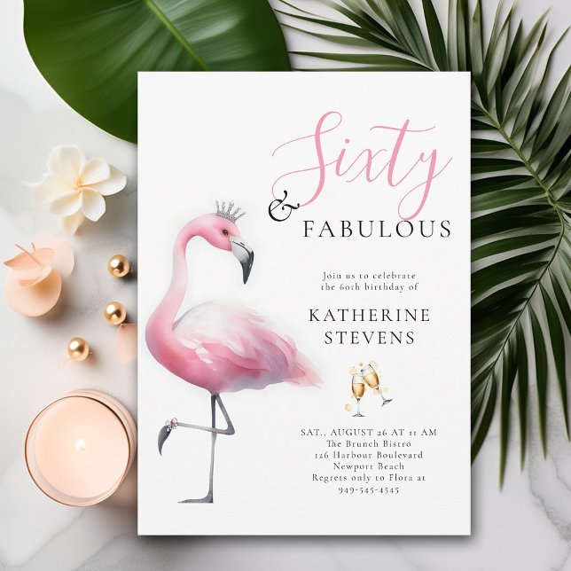 Convite 60 e Fabuloso Flamingo Tiara, rosa, 60, aniversári (60 and fabulous birthday invitation funny pink flamingo tiara watercolor modern brunch)