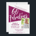 Convite 60 e Fabuloso Script Magenta Foto 60º aniversário<br><div class="desc">Sessenta e fabulosa Foto Magenta 60º Convite de aniversário. Script branco de tendência com uma foto personalizada em um chic e vermelho magenta vívido. Faça uma 60ª convite de aniversário para ela. Personalize com o nome e a idade e adicione sua foto ao modelo.</div>