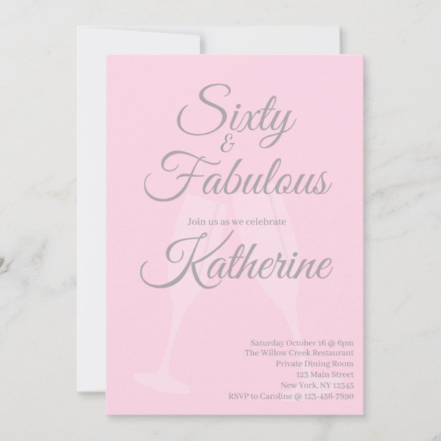 Convite 60 e Fabuloso | Script Rosa para Festa de 60 Anos (Frente)