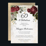 Convite 60 e Festa de aniversário flexível de Rosa de vidr<br><div class="desc">Rosa florais elegantes,  escuros e clássicos,  vermelhos escuros e arrojados,  com pérolas de semente em um quadro colorido de sépia "60 e fabuloso",  de festa de aniversário de Holiday Hearts Design.</div>