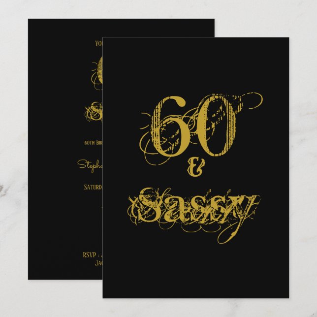 Convite 60 e Sassy Aniversário de 60 anos Preto e Dourado (Frente/Verso)