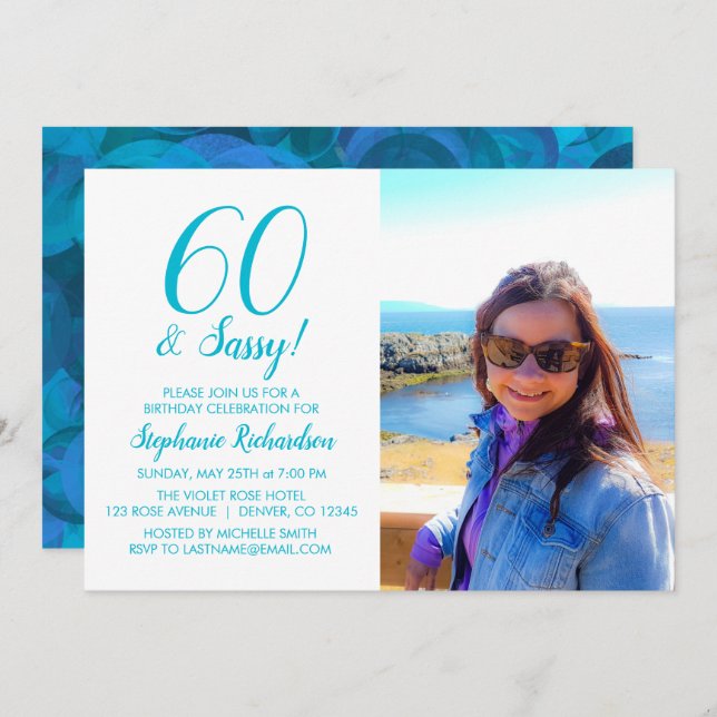 Convite 60 e Sassy Ocean Blue Teal Name Foto Aniversário (Frente/Verso)