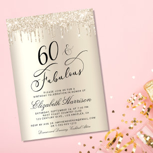 Convite 60 Fabulosa Festa de aniversário Dourada de brilho