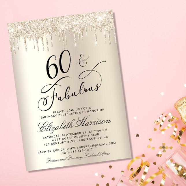 Convite 60 Fabulosa Festa de aniversário Dourada de brilho (Celebrate her 60 years of sparkle with an elegant gold glitter birthday party invitation  🎉 🎂 🥂)