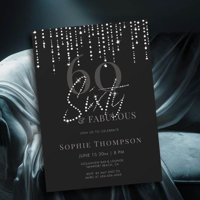 Convite 60 Fabulosos Derramamentos de Brilhante Preto 60º  (60 and fabulous simple modern black minimalist 60th birthday invitation)