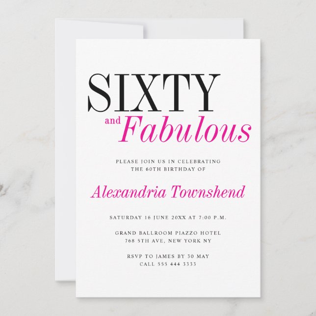 Convite 60 & Fabulous Modern Pink Typography 60th Birthday (Frente)