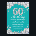 Convite 60.o Aniversário do Teal e do Diamante Silver<br><div class="desc">60º Convite de Aniversário. Teal e Silver Rhinestone Diamond Teal Turquoise Aqua Fundo. Convidado Elegante Birthday Bash. Aniversário Adulto. Mulheres Aniversário. Homens Aniversário. Para mais personalização,  clique no botão "Personalizar" e use nossa ferramenta de design para modificar este modelo.</div>