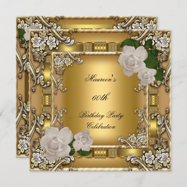 Convite 60a Festa de aniversário Dourada Elegante Rosa 2 (Frente/Verso)