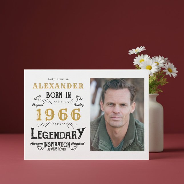 Convite 60th Birthday 1966 Legend White & Gold Photo (Born 1966 birthday invitation.)