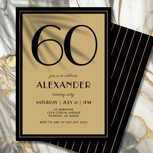 Convite 60th Birthday Adult Black and Gold Modern Minimal  (Black and gold elegance—modern typography with a touch of luxury.)