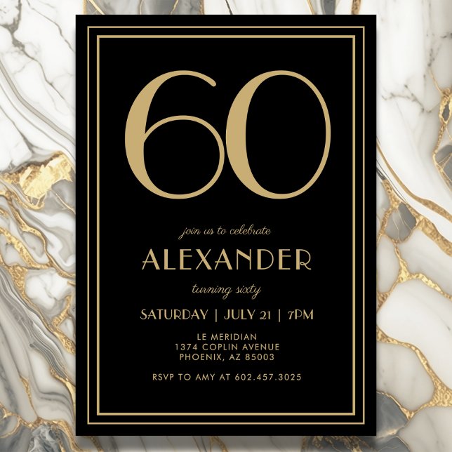 Convite 60th Birthday Black and Gold Modern Minimal Adult (Elegant black and gold 30th birthday invitation design for him or her.)
