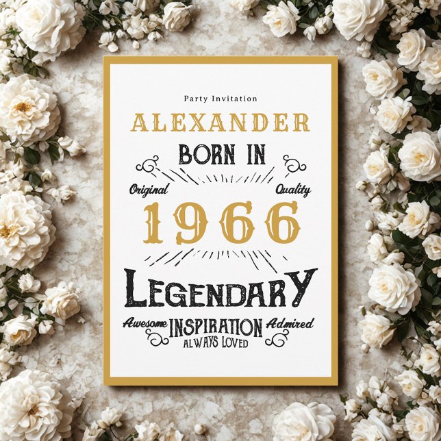 Convite 60th Birthday Born 1966 White Gold Legend (Born 1966 birthday invitation.)