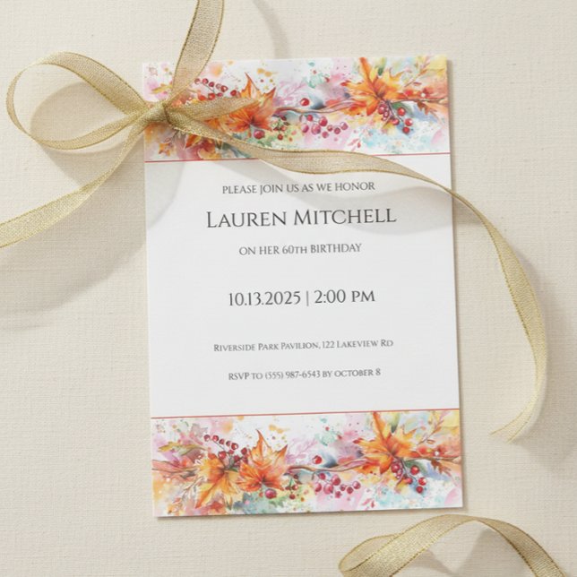 Convite 60th Birthday Fall Leaves and Gold Celebration (Elegant autumn leaves 60th birthday invitation design)